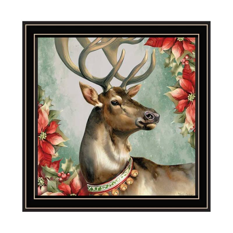 2-Piece Framed Wall Art Set - Old World Reindeer & Bell, Black Frame