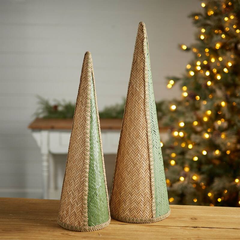Woven Cone Pine Tree Christmas Decorations - 22" - Green and Beige - Set of 2