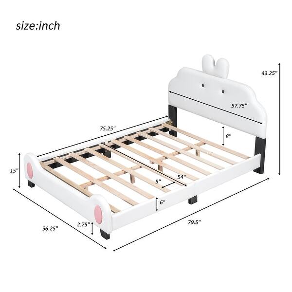 Full Size Upholstered Platform Bed with Cute Cartoon Design, Animal Ears Headboard and Paw Footboard, White and Pink
