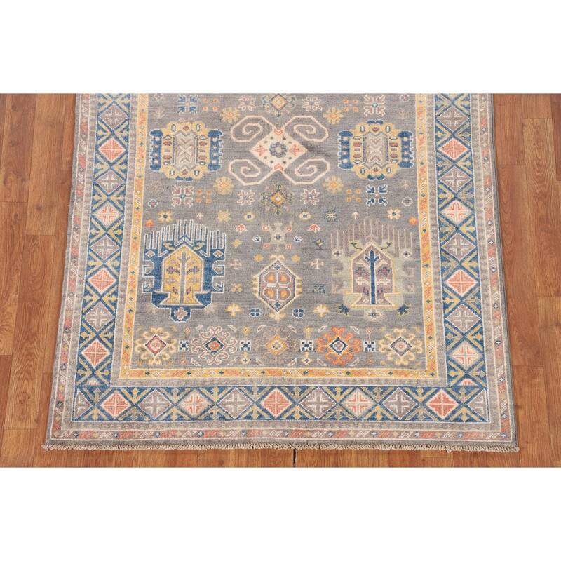 Gray Geometric Kazak Oriental Area Rug Handmade Bedroom Wool Carpet - 4'0"x 5'10"