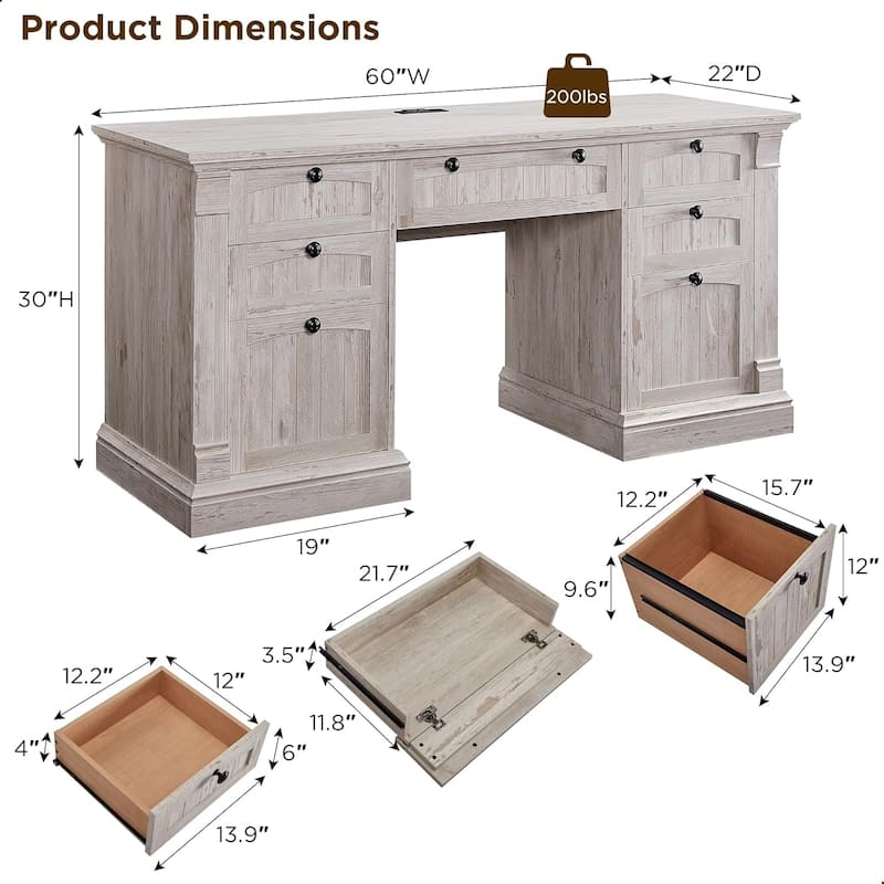 Farmhouse Computer Desk, Wood Home Office Desk with Charging Station