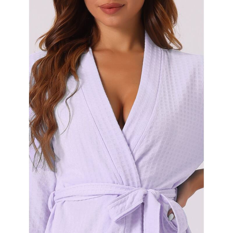 Womens Waffle Bathrobe Soft Kimono Spa & Bath Mid-Length Robes
