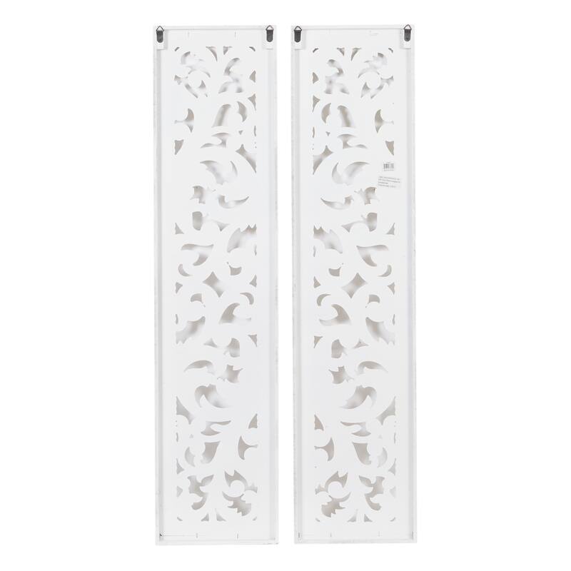 White Wood Handmade Slim Distressed Carved Panel Scroll Home Wall Decor (Set of 2)