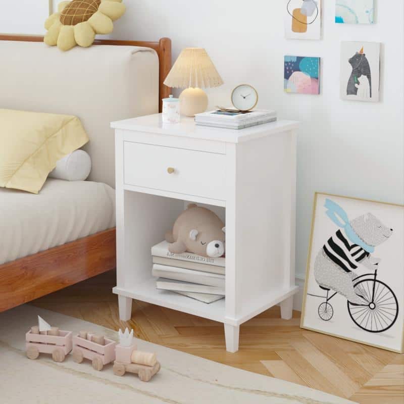26.77''H Wooden Nightstand with One Drawer One Shelf for Kids