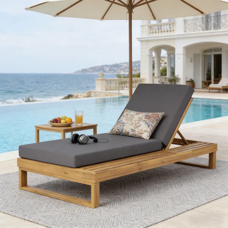 Christopher Knight Home - Modern Outdoor Acacia Wood Chaise Lounge with 4-Position Adjustable Backrest & 3-Fold Cushion - Teak Finish+Dark Gray Cushion