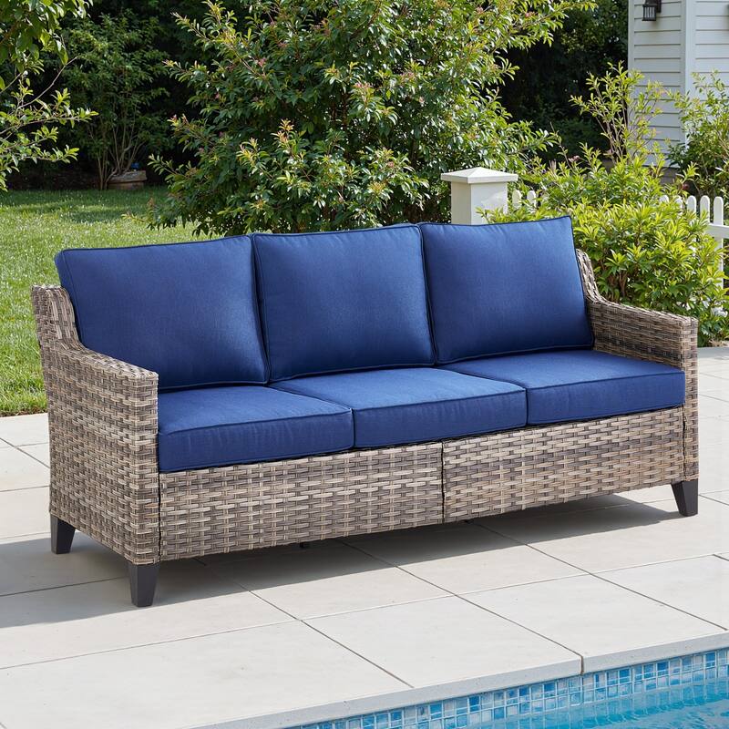 Pocassy Outdoor Patio Furniture Wicker Sofa Swivel Chair Set - Grey Wicker Blue Cushion - Only Sofa
