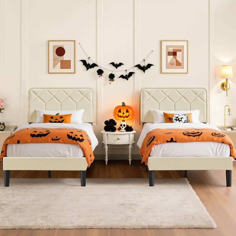 2 Pack Twin Size Kids Bed Frame Height Adjustable Diamond Pattern Upholstered Headboard Bed Twin Size Bed Set of 2 - Beige