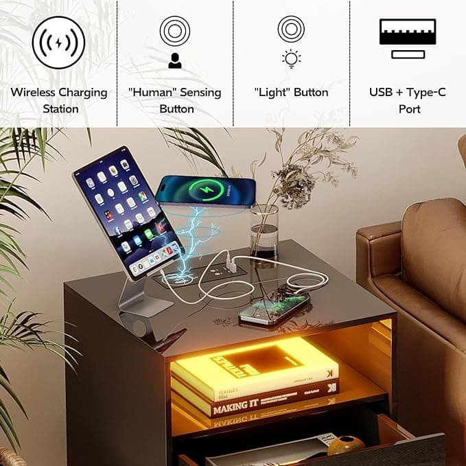 Nightstand with LED Night Stand with Rattan Drawers