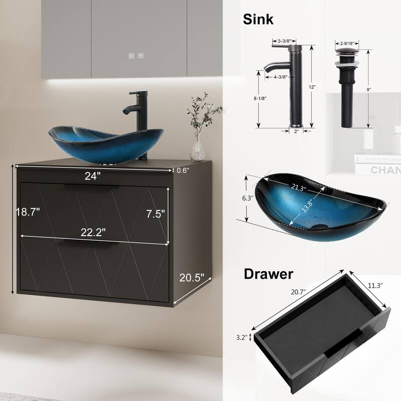 Modern Wall Mounted Bathroom Vanity Set with Vessel Sink & Faucet