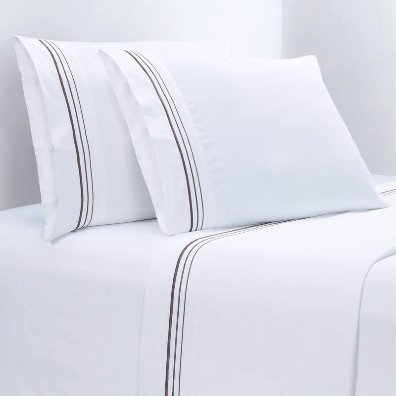 HiEnd Accents 100% Cotton Hotel Luxury Embroidered Border Sheet Set, 4PC - Queen - Gray