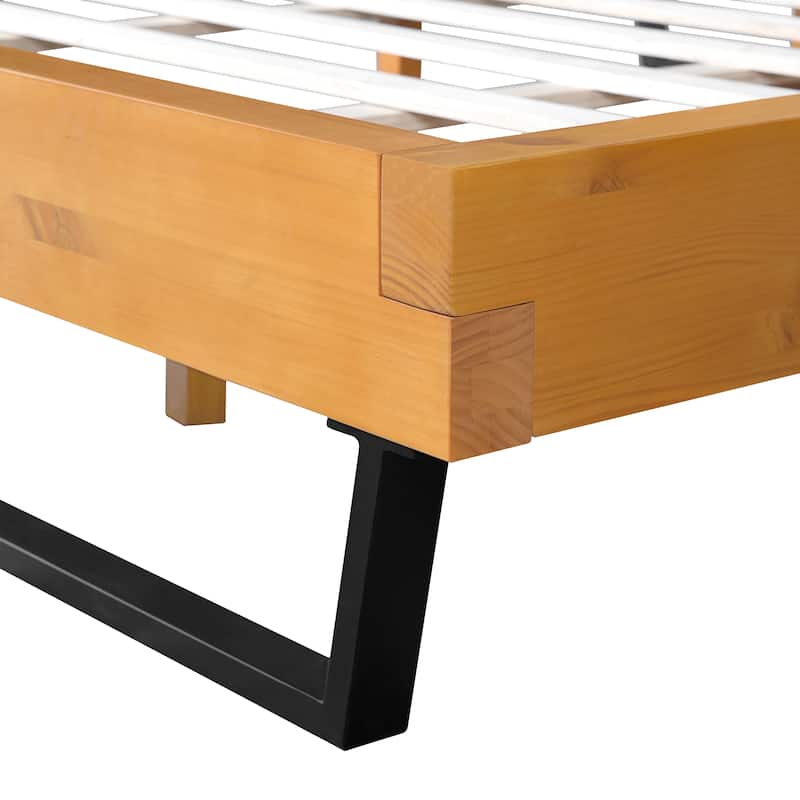 Rustic Pine Wood Platform Bed with Headboard, Wooden and Metal Queen/King Bed Frame, Wood Slats Support, No Box Spring Needed