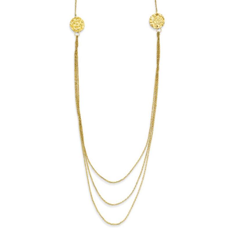 Curata 14k Yellow Gold Polished Three Layer Hammered Circles Necklace, 16+2"