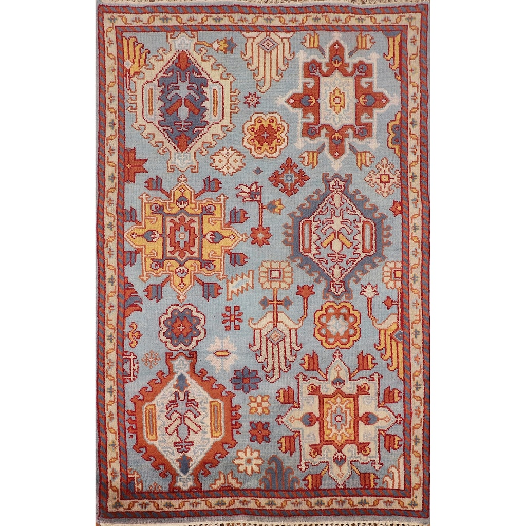 Light Blue Geometric Oushak Oriental Foyer Rug Handmade Wool Carpet - 4'0"x 6'2"