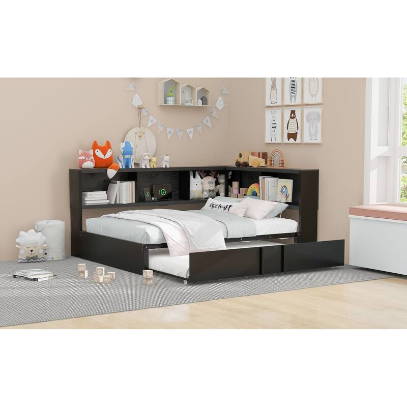Roomfitters Metal Full Size Daybed with Trundle, Storage Cabinets and USB Port Charging Hub