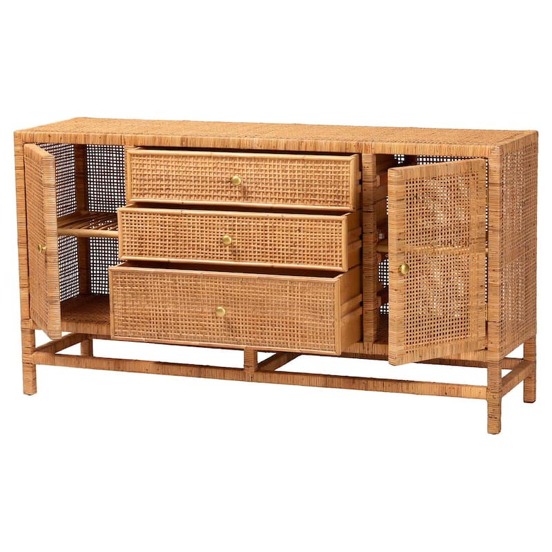 Vivan Bohemian Honey Rattan and Mahogany Wood 3-Drawer Storage Cabinet