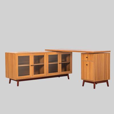 L-shaped Executive Office Desk, 66.5" with Glass Cabinet, 2 Drawers and Ample Work Space