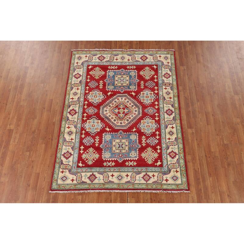 Red Kazak Oriental Area Rug Handmade Geometric Wool Carpet - 5'1" x 6'9"