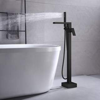 Waterfall Matte Black Freestanding pressure Balance Single Handle Bathtub Faucet with Handheld Sprayer - 9'6" x 13'6"