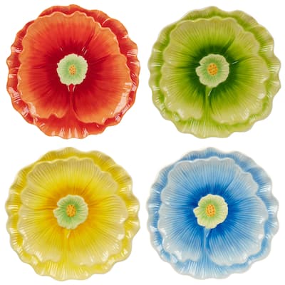 Certified International Blossom Set of 4 3-D Floral Dessert Plates - 8" Diam x 1"