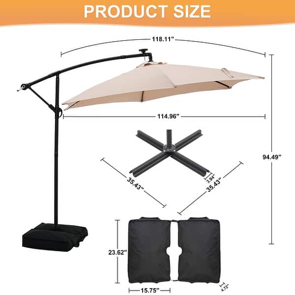 dimension image slide 1 of 9, Ainfox 10 ft. Patio Offset Solar LED Umbrellas Cantilever Outside Umbrellas with Base