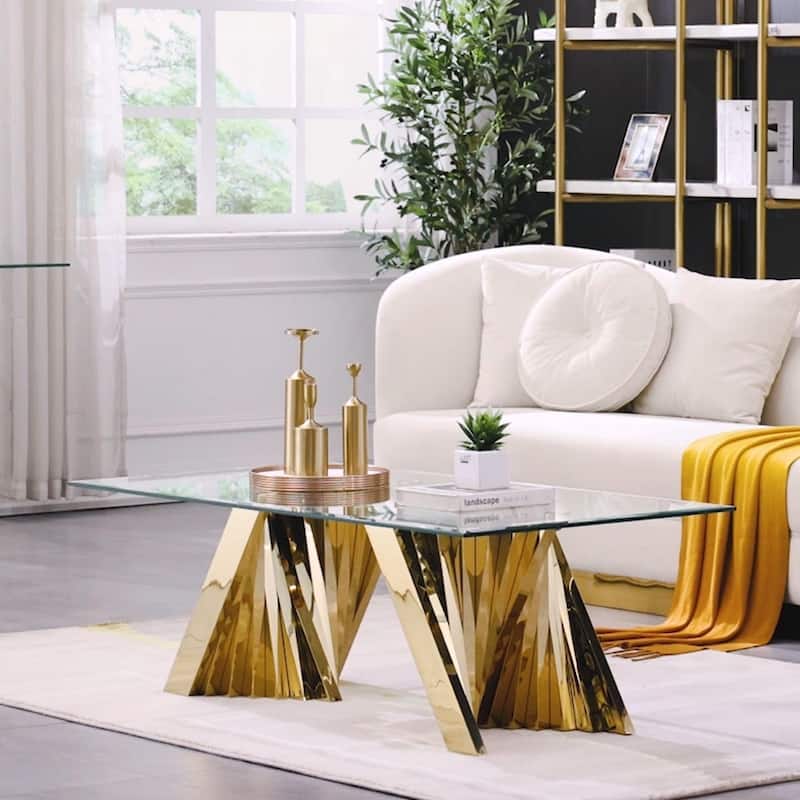 Modern Coffee Table Clear Tempered Glass Living Room Coffee Table with Geometric Base - Gold