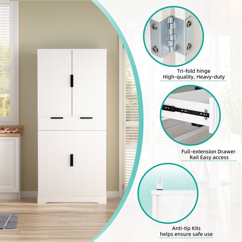 Modern Kitchen Storage Cabinet with 3 Keyboard Drawers & 6 Adjustable Shelves - 72" Tall Freestanding Cupboard for Bathroom