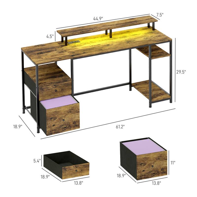 Rustic Brown Steel Particleboard Computer Desk LED Lights USB Ports