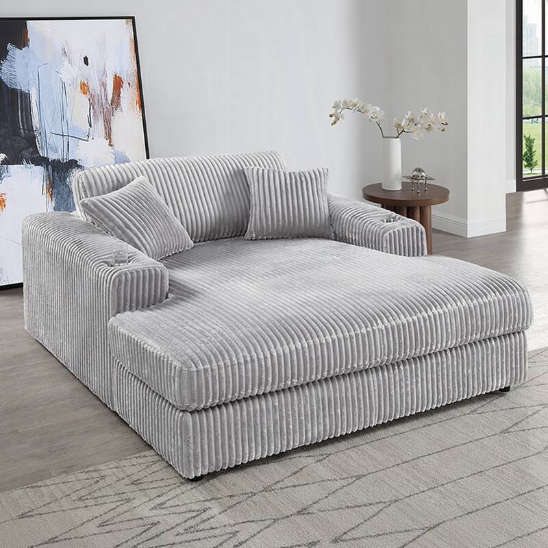 Corduroy Fabric Upholstered Chaise with 2 Cup Holders