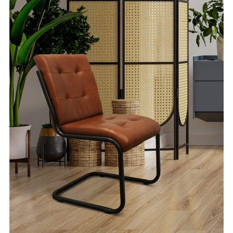 Modern Tufted Leather Dining Chair with Black Metal Legs - 25" x 22" x 34"