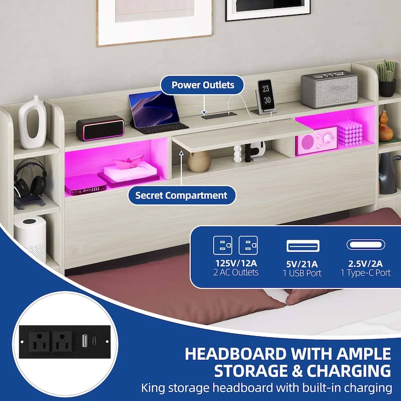 Queen/King Size LED Bed Frame with Bookcase Headboard, 4 Storage Drawers and Charging Station