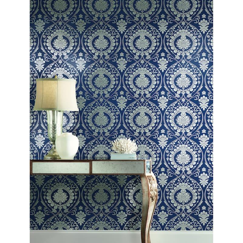 Fargo Navy/Silver Non-Woven Unpasted Damask Imperial Damask Wallpaper Covers about 60.75 sq. ft.