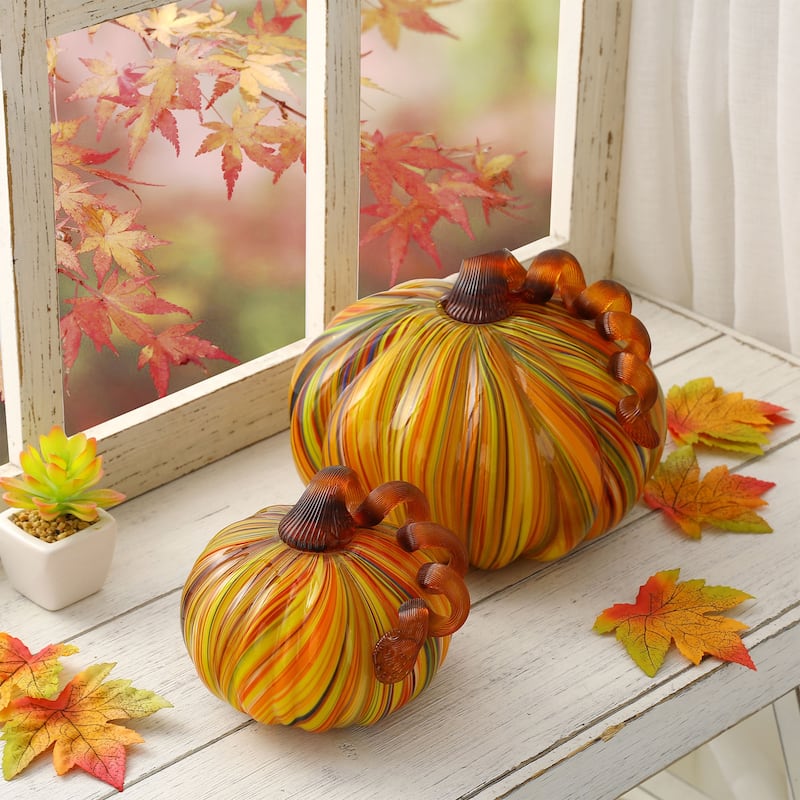 Glitzhome Fall Harvest Multi Striped Handblown Glass Pumpkins Thanksgiving Table Accent - A & B