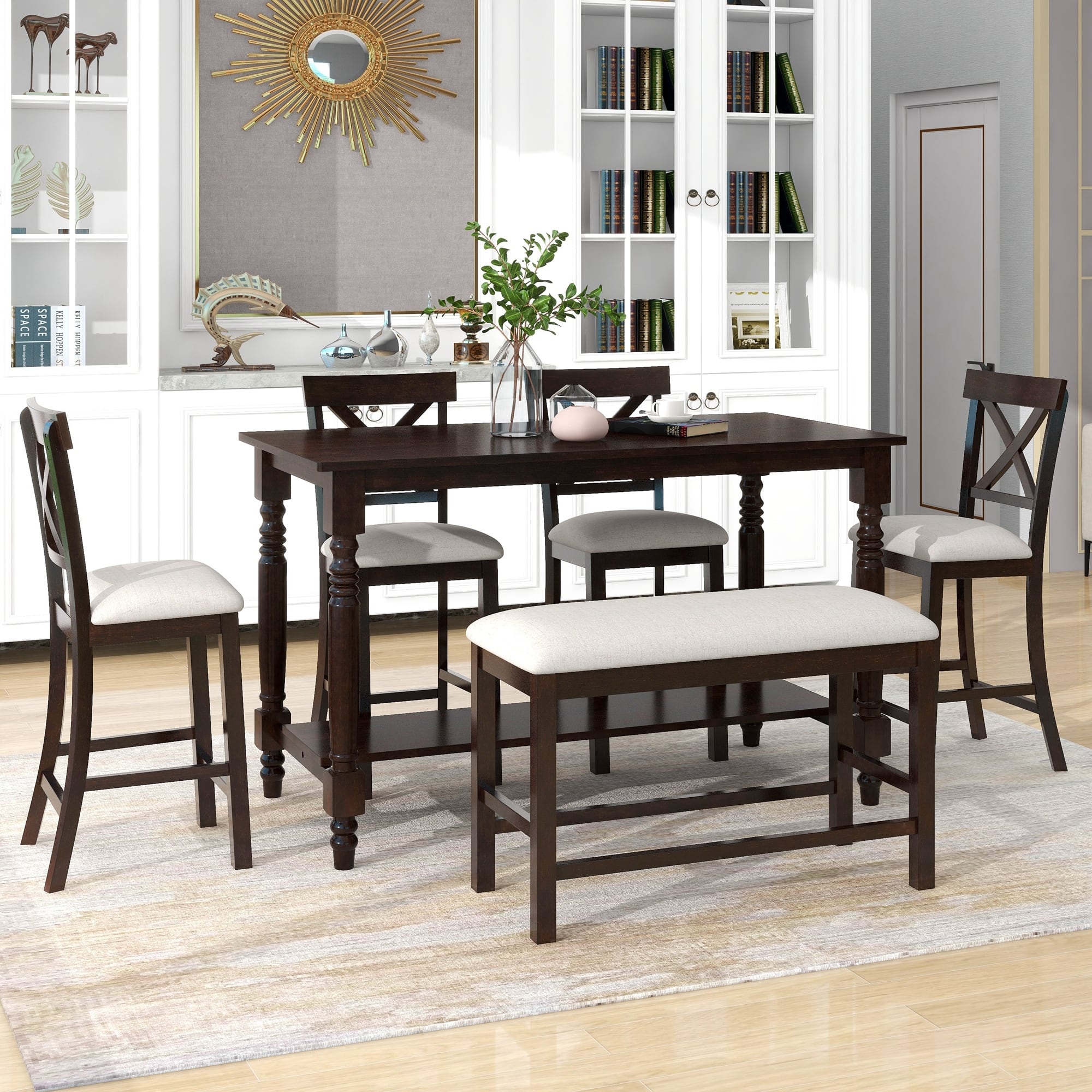 Elegant 6Piece Counter Height Dining Table Set Table with Shelf 4