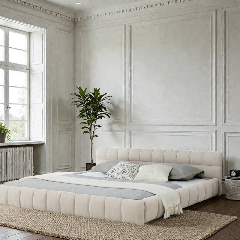 King Upholstered Platform Bed Frame with Thick Chenille Fabric, Grounded Modern Bed with Headboard, No Box Spring Needed