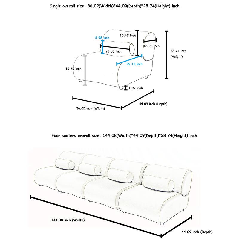 Chenille Modular Sectional Sofa Set, 4-Seater with Reclined Back