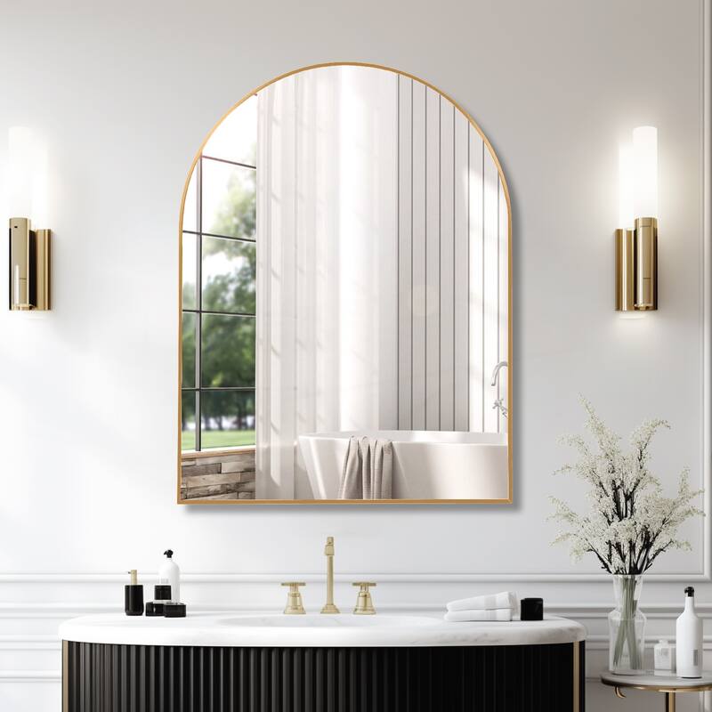 30x40 Inch Metal Framed Arched Bathrrom Mirror for Wall - Gold