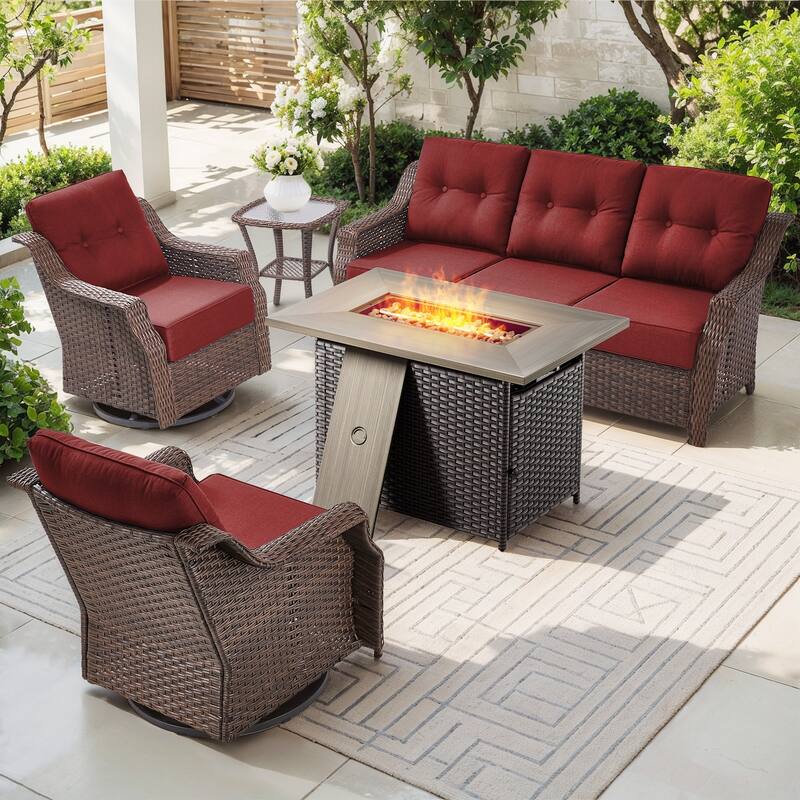 Gymojoy Wicker Patio Furniture Sofa Set with Fire Pit Table, 6-Inch Ultra Thick Cushioned 360° Swivel Glider Chairs