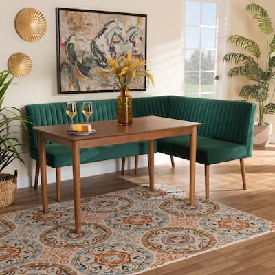 Alvis Mid-Century Emerald Green Velvet Upholstered Wood Dining Nook Set