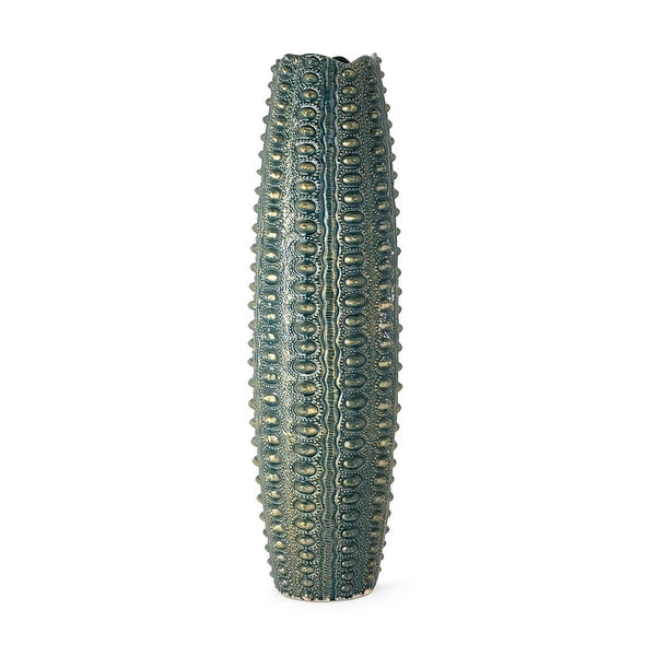 36" Viridian Green and Metallic Golden Colored Surface Pattern Cylindrical Large Oversized Vase - N/A