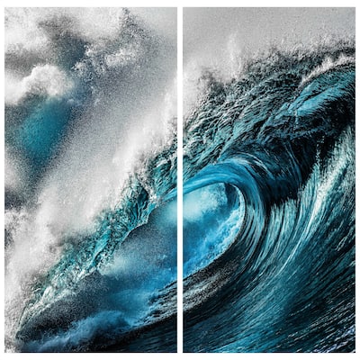 "Sapphire Sea" Oversized 72"x 36" Frameless Reverse Printed Tempered Art Glass Wall Art Set