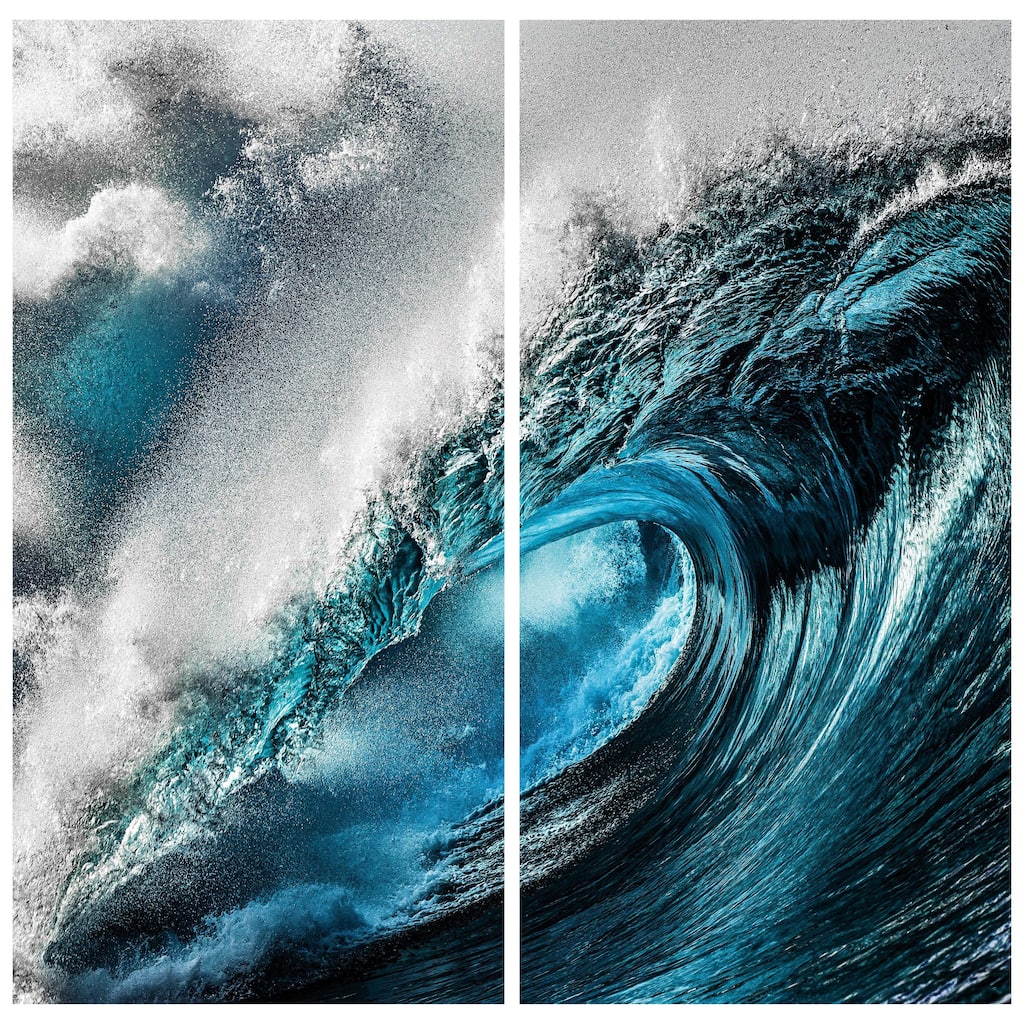 "Sapphire Sea" Oversized 72"x 36" Frameless Reverse Printed Tempered Art Glass Wall Art Set