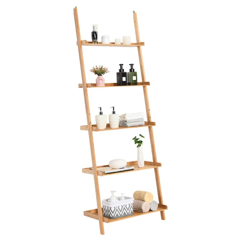 Costway 5-Tier Ladder Shelf Bamboo Bookshelf Wall-Leaning Storage - See Details