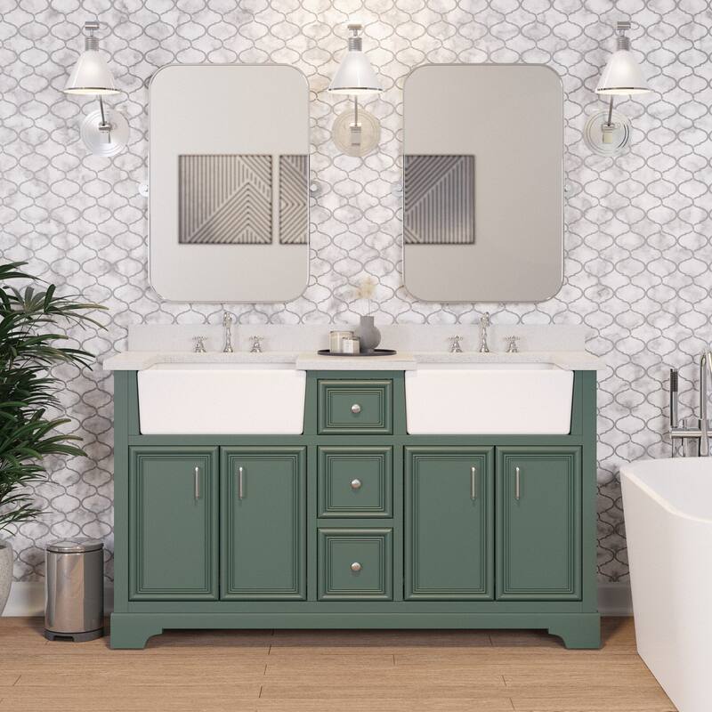 KitchenBathCollection Zelda 60" Double Farmhouse Vanity with Quartz Top - Sage Green