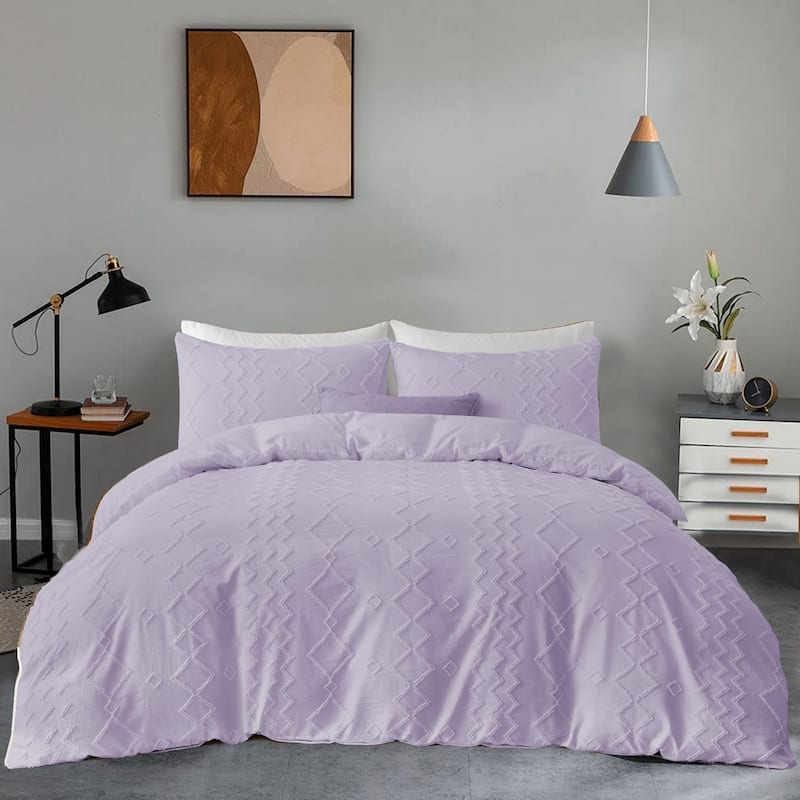Clipped Jacquard Diamond Geometric Duvet Cover Set - Purple - King