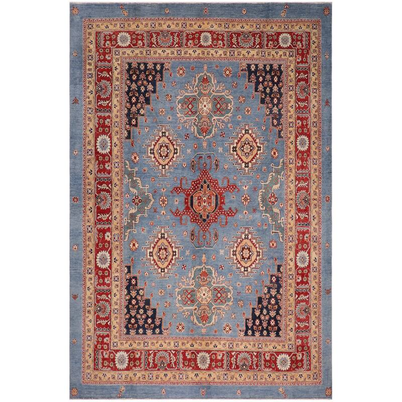 Tribal Kazak Evelin Light Blue/Red Wool Rug - 8'0'' x 9'10''