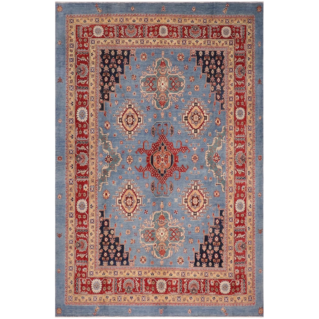 Tribal Kazak Evelin Light Blue/Red Wool Rug - 8'0'' x 9'10''