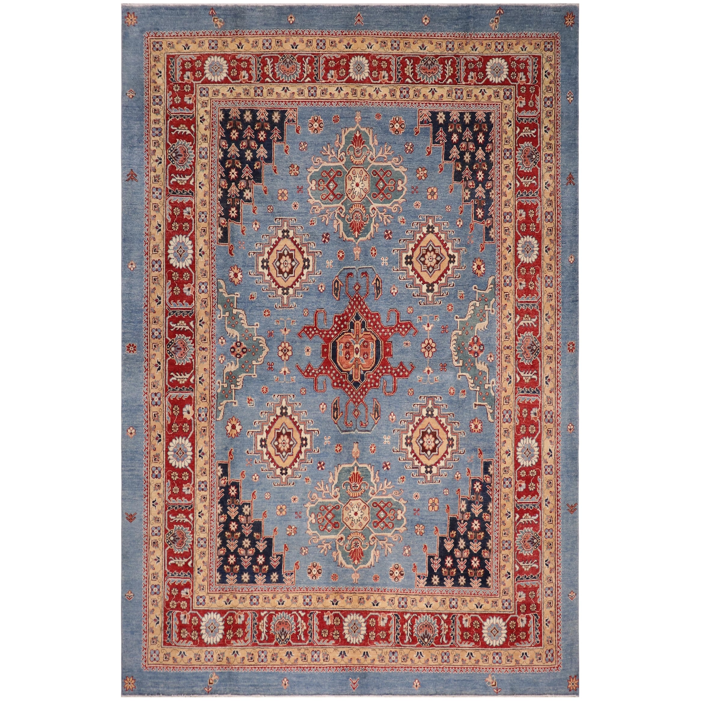 Tribal Kazak Evelin Light Blue/Red Wool Rug - 8'0'' x 9'10''