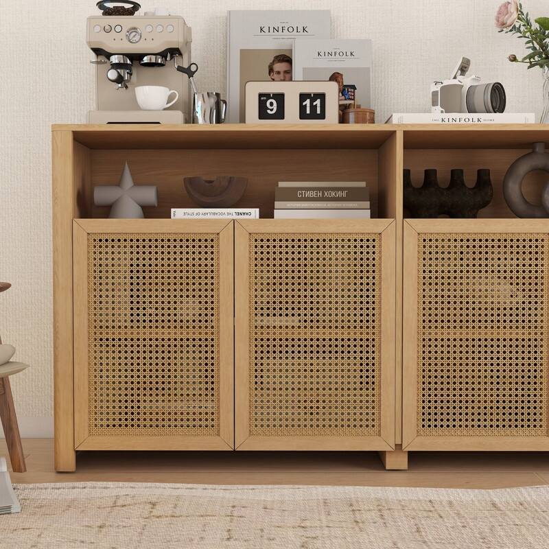 Mid Century Modern 63" Wide 4 - Cane Rattan Door Storage Sideboard with Open Shelf, Wine Bar Credenza for Living Room Entryway