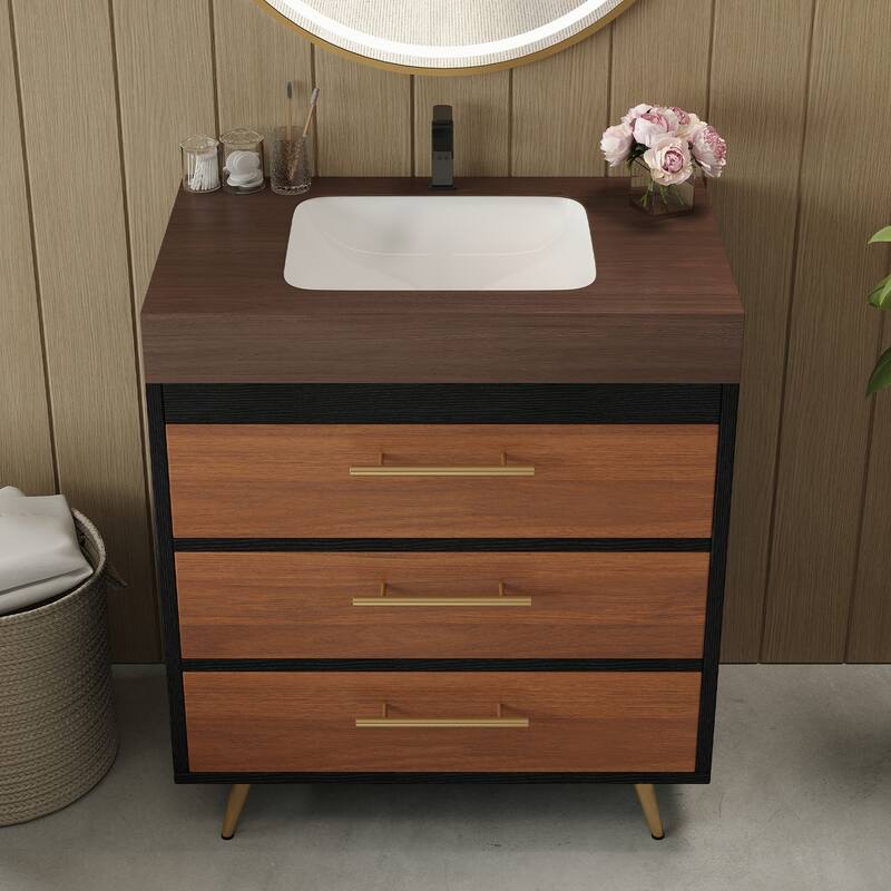 Modern Free-Standing Bathroom Vanity with Ceramic Vessel Sink & Durable Sintered Stone Top