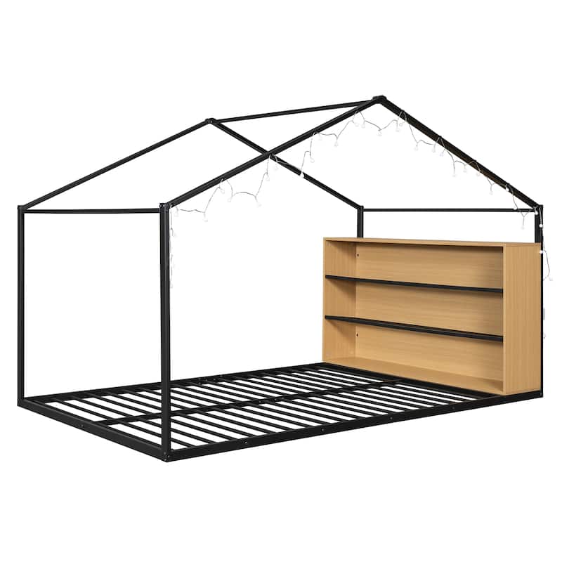 Full Size Metal Bed House Bed Frame with Shelves and Lights, White